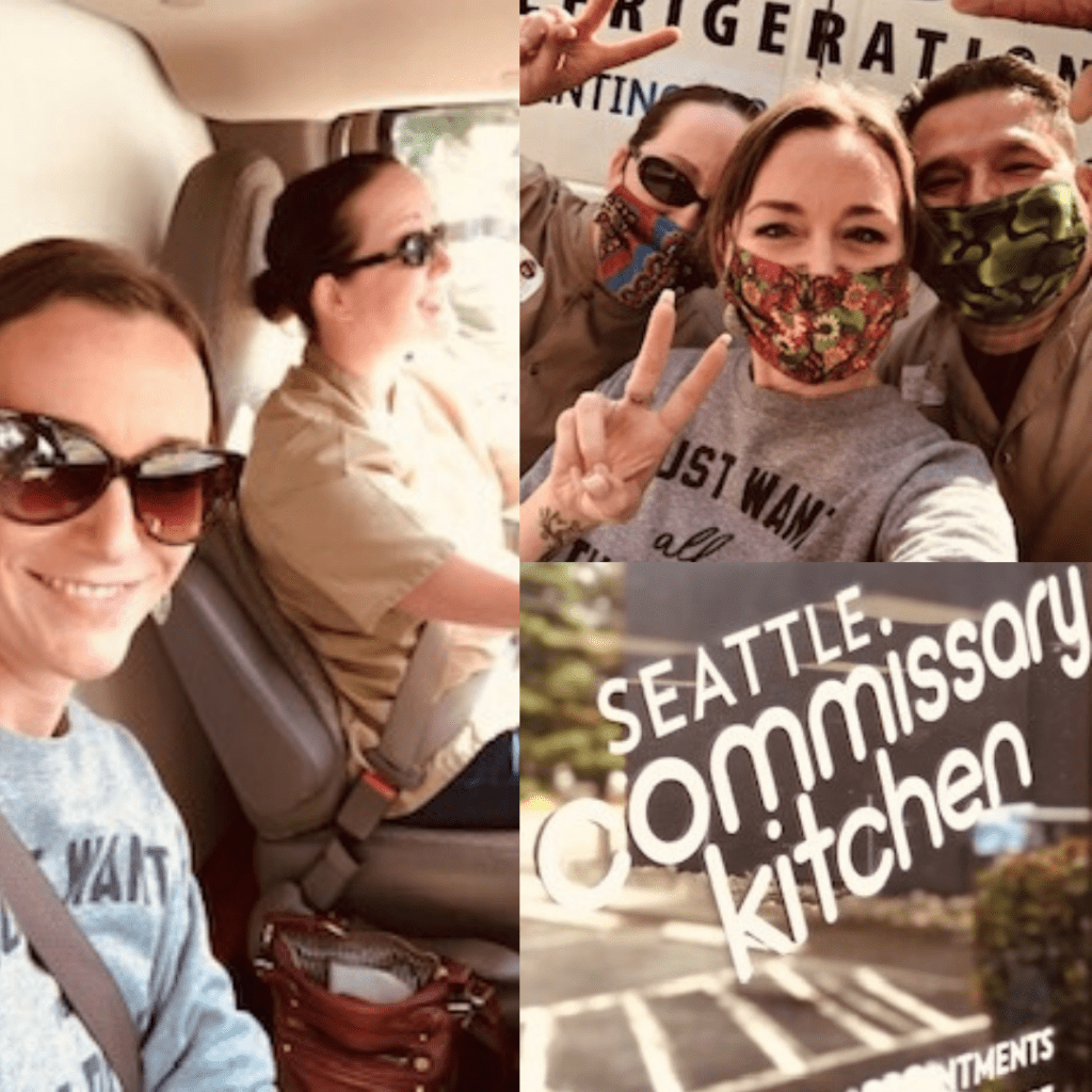 Two people in a vehicle (left), three people posing with peace signs and wearing masks (top right), "Seattle Commissary Kitchen" sign with "Cooks for a Cause" message (bottom right).