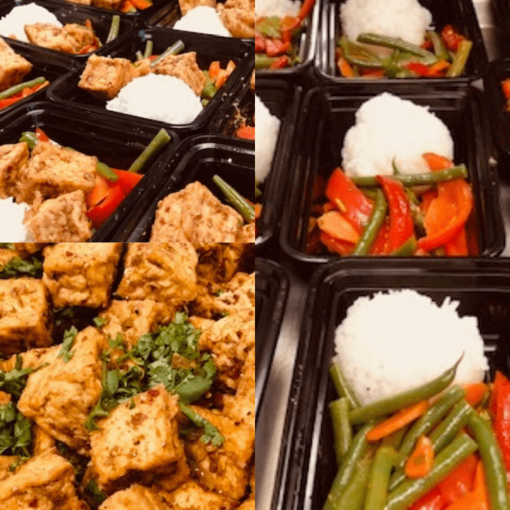 Multiple food containers with rice, green beans, red bell peppers, and tofu cubes. One close-up image highlights tofu garnished with herbs. All containers contain the same food items, prepared by a group that cooks for a cause.