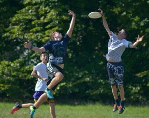 Two people jump to catch a frisbee while another person watches from the background, savoring their perfect picnic. They are playing on a grassy field with trees in the background.