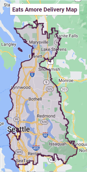 A delivery map for Eats Amore encompassing Seattle, Bothell, Everett, Redmond, Issaquah, and nearby regions. The map highlights major highways and city boundaries to streamline your Seattle meal delivery experience with precision in prepared meals delivery.