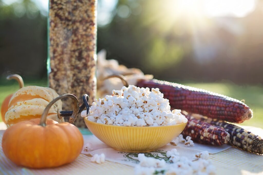 A yellow bowl of popcorn is set on a table with a decorative pumpkin, dried corn cobs, and another small gourd, all lit by soft sunlight. It's the perfect scene for tackling tailgating temptations during football season.