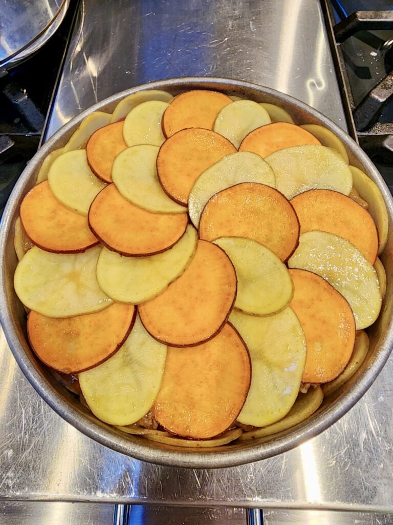 Shepherds Pie with a colorful top of potatoes and sweet potatoes as made by Chef Boni Day of Honest to Goodness Personal Chef Services