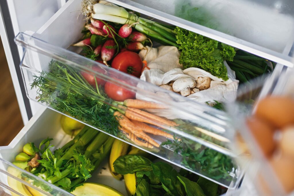 Refrigerator drawers full of fresh produce