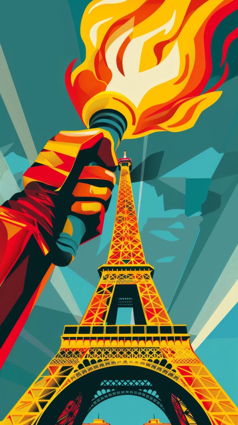 Artistic graphic of the Olympic torch being held in front of the Eiffel Tower