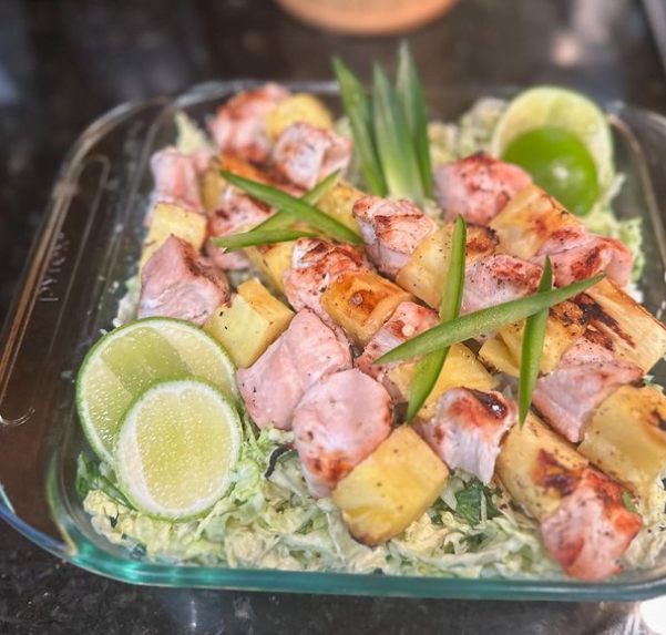 Pineapple Chicken Skewers prepared as a weekday dinner by Chef Sara DeLaronde of Honest to Goodness Personal Chef Services in the greater Seattle area