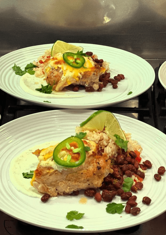 Tequila Lime Chicken entree with Mexican Rice, Black Beans, and Chile-Lime Crema prepared for a bachelorette dinner party by Chef Sara DeLaronde of Honest to Goodness Personal Chef Services in Seattle