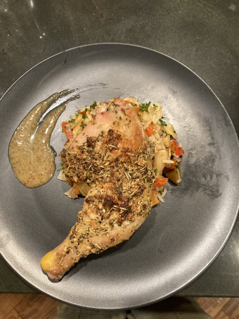 Herb-Crusted Leg of Chicken with a Veggie Rice Pilaf as prepared by Bellingham Chef Laina Madrigal of Honest to Goodness Personal Chef Services