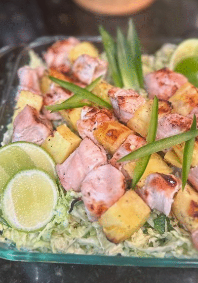 Pineapple Chicken Skewers prepared as a weekday dinner by Chef Sara DeLaronde of Honest to Goodness Personal Chef Services in the greater Seattle area